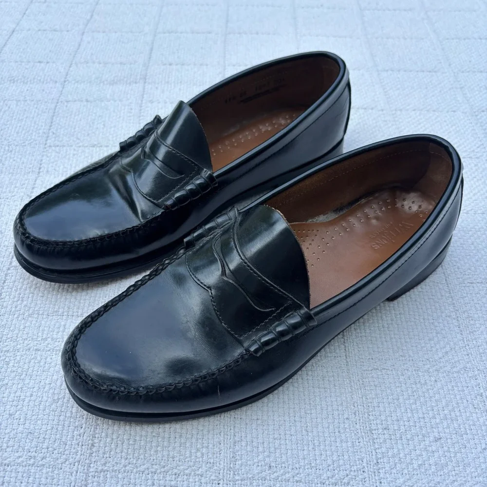 Men's 11.5 EE BASS Weejuns Black Polished Leather Casual Loafers Shoes